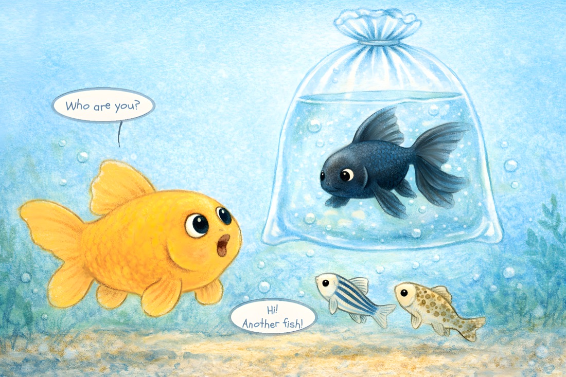 The same drawing, colour-finished for print — her composition, her bubbles, untouched. “Who are you?” “Hi! Another fish!”