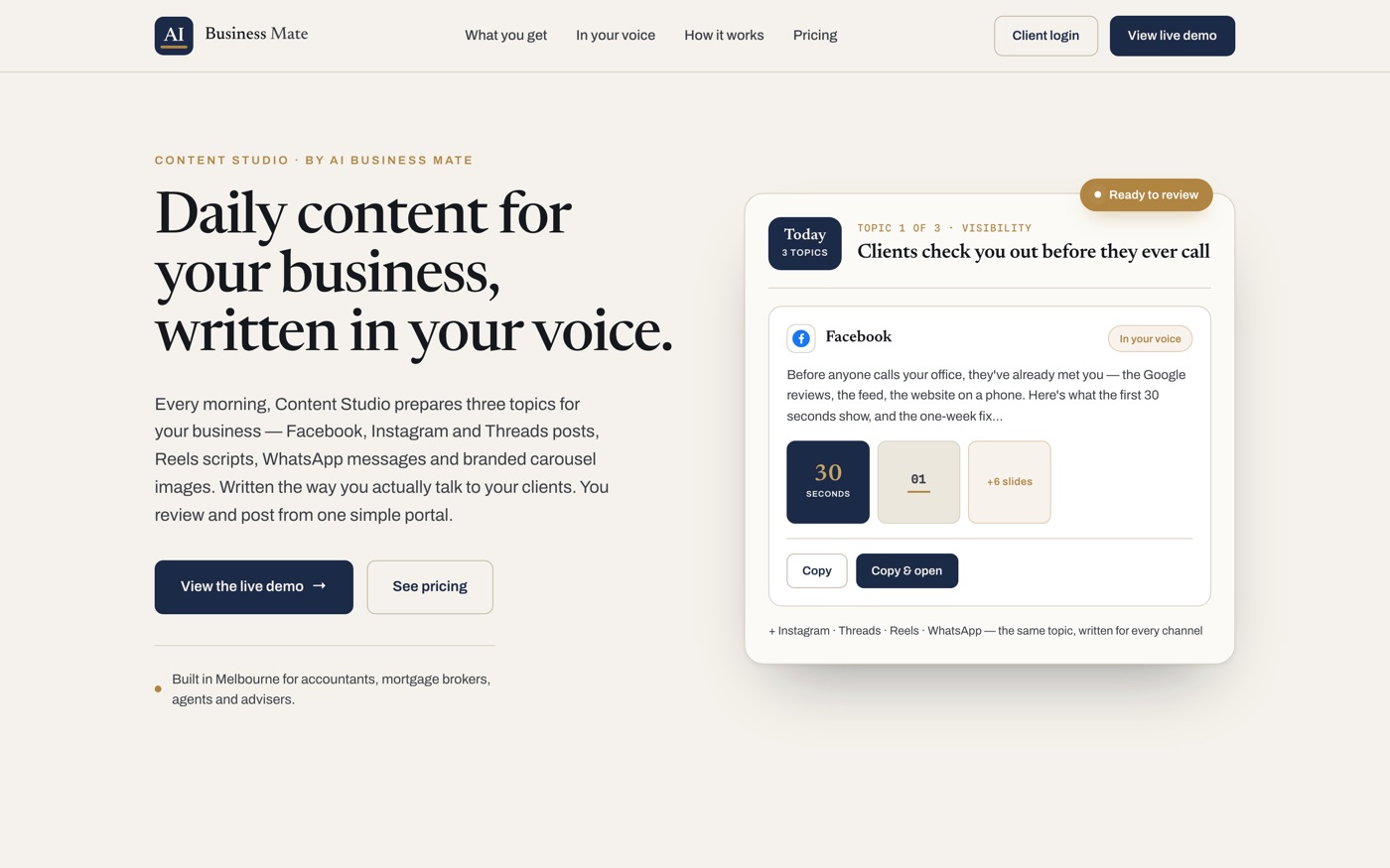 Content Studio · AI Business Mate — screenshot